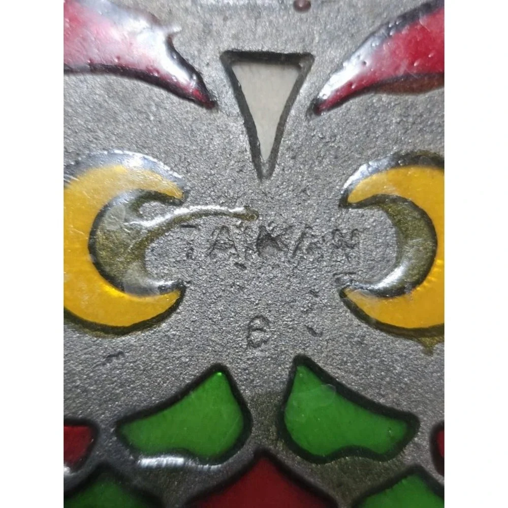 Vintage Owl Trivet Cast Metal Stained Glass Hot Plate Kitchen Pot Rest Taiwan